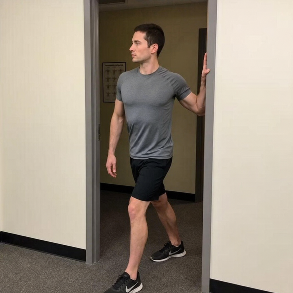 Person performing a doorway stretch to open the chest and pectoralis minor