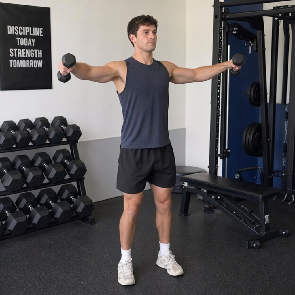 Gym goer demonstrating the scaption raise with light dumbbells