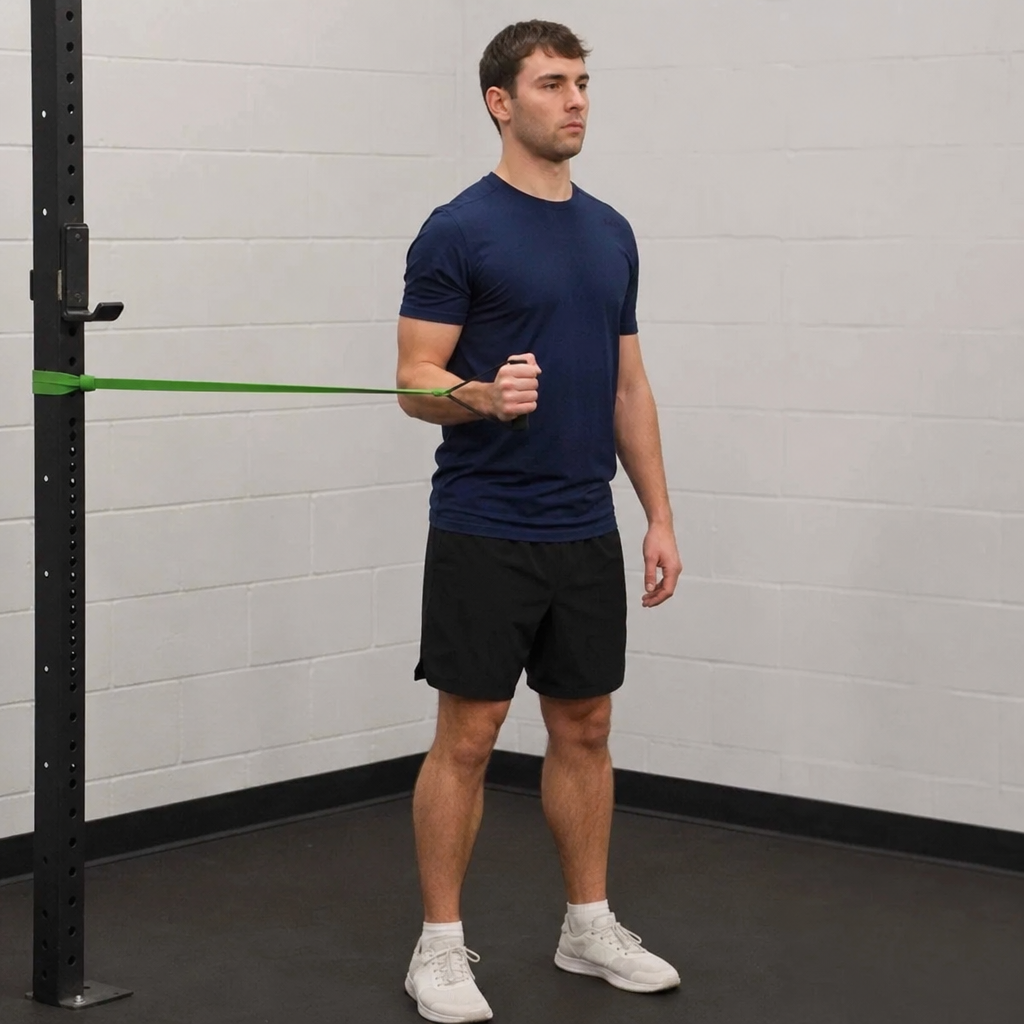 Athlete performing external rotation exercises using a resistance band